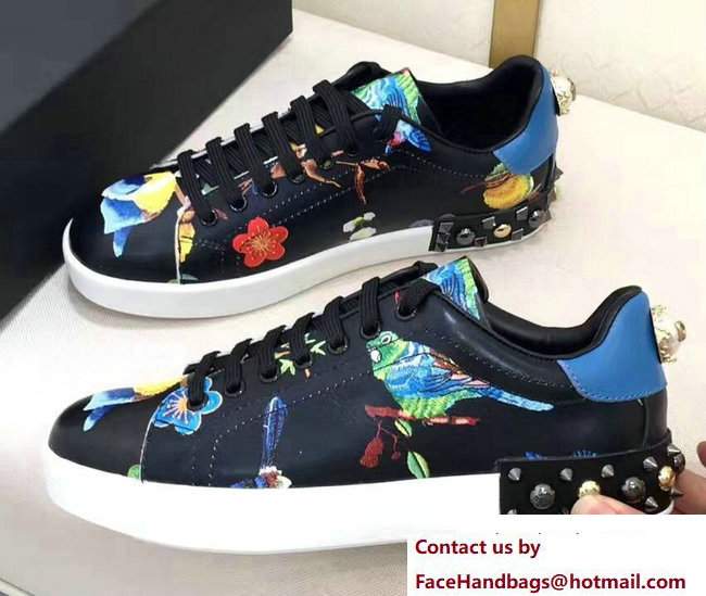 Dolce & Gabbana Leather Sneakers Rose Print Black 2017